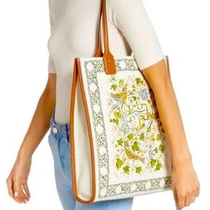 Tory Burch Ella Nylon Painted Tote Bird Print Leather Handles